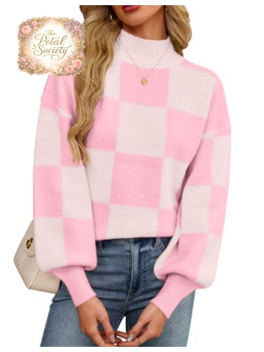 Oversized Checkered Mock Neck Pullover Sweater Soft Knit Casual